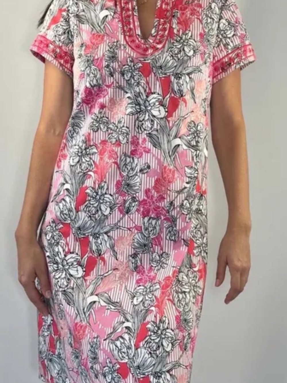 Pappagallo Pink Floral Shift Dress with Black & White Sketch Print
